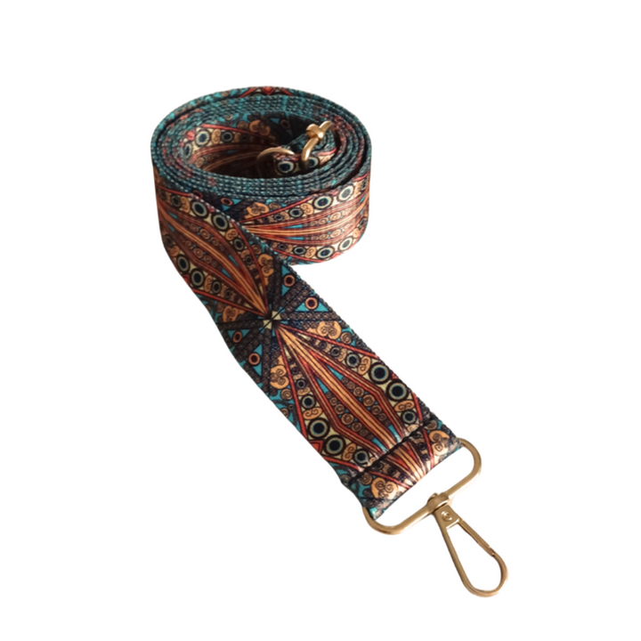 BEMÆRK: Kollektionsprøve. Style N52 - Justerbar skulderrem til tasker med ringe i guld. Materiale: Nylon. Farve: Multi, påfulg - Octopus Denmark
