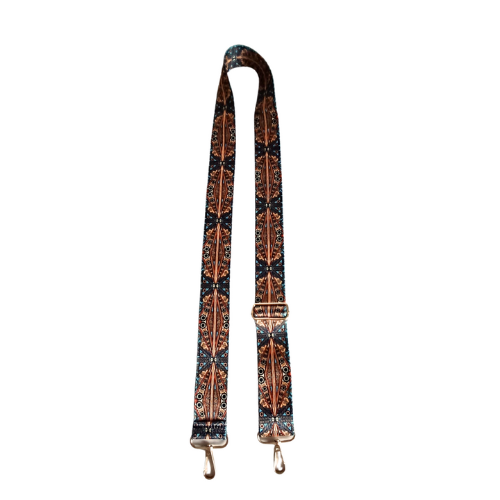 BEMÆRK: Kollektionsprøve. Style N52 - Justerbar skulderrem til tasker med ringe i guld. Materiale: Nylon. Farve: Multi, påfulg - Octopus Denmark