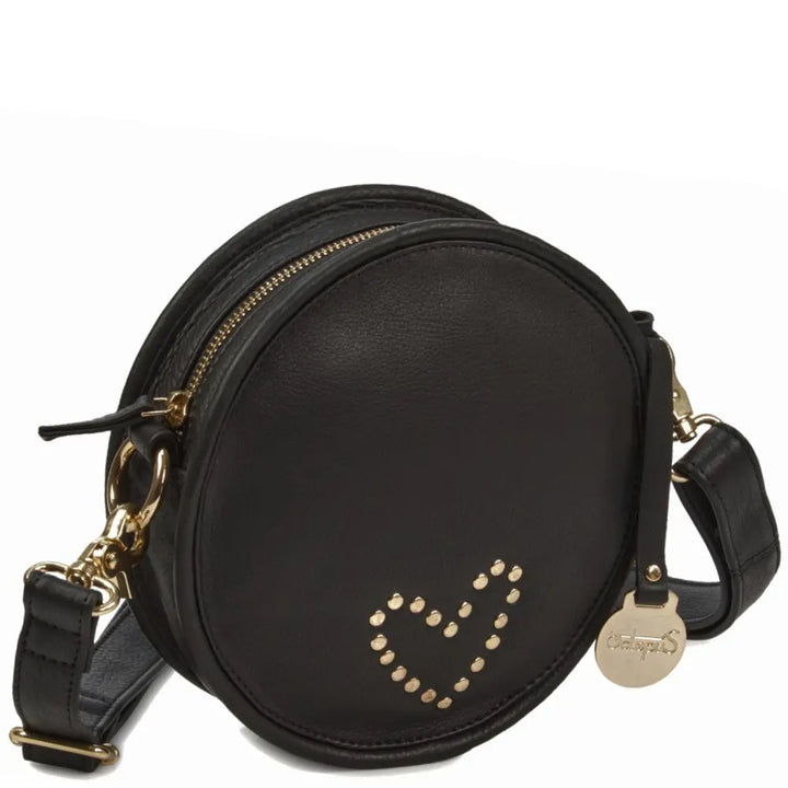 Style Opal i sort. Unik slingbag lædertaske til skulder- eller crossbody. 100% rund taske med hjerte i guldnitter. Octopus Denmark