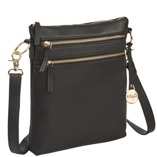 Style Ophelia i sort. Superflot skulder- og crossovertaske med smukke lynlåse, ringe & karabiner i guld Octopus Denmark