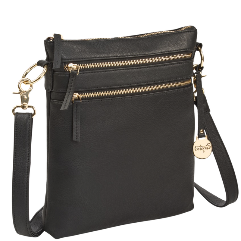 Style Ophelia i sort. Superflot skulder- og crossovertaske med smukke lynlåse, ringe & karabiner i guld Octopus Denmark