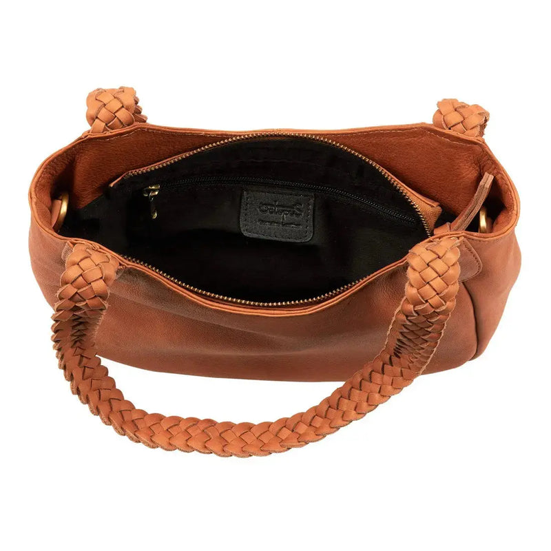 BEMÆRK: Kollektionsprøve. Style Lucca: Lædertaske i cognac. Skøn skulder- og crossbody skindtaske m. flot flettet håndrem