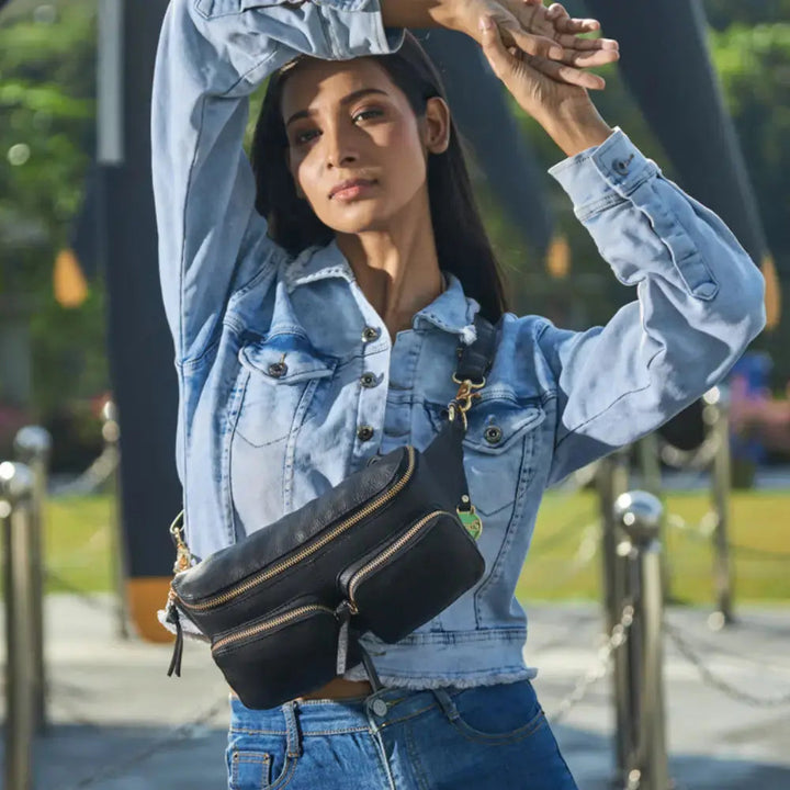 Style Nile i sort læder m. guld lynlås. Suveræn skulder,- crossbody & bumbag taske m. lynlåse i guld - Octopus Denmark