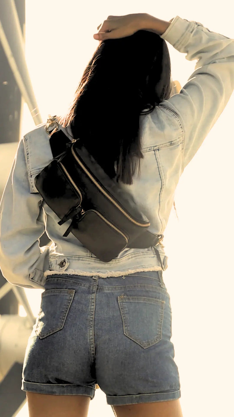 Style Nile i sort læder m. guld lynlås. Suveræn skulder,- crossbody & bumbag taske m. lynlåse i guld - Octopus Denmark