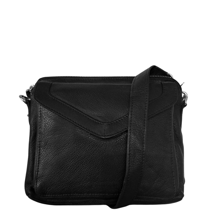 BEMÆRK: Kollektionsprøve. Style Pasadina skulder/crossbodytaske i sort læder med frontflap og masser af rum og lommer