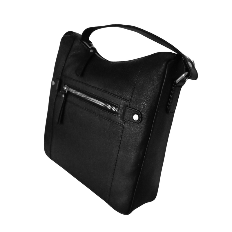 BEMÆRK: Kollektionsprøve. Style Praga: Flot skulder- & crossbodytaske i kraftigt sort læder med masser af dejlige detaljer