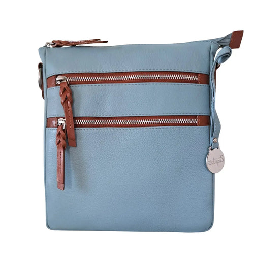 Style Playa i smukt lyseblåt læder med brune detalje. Skøn skulder- og crossbodytaske med flotte kontraster Octopus Denmark
