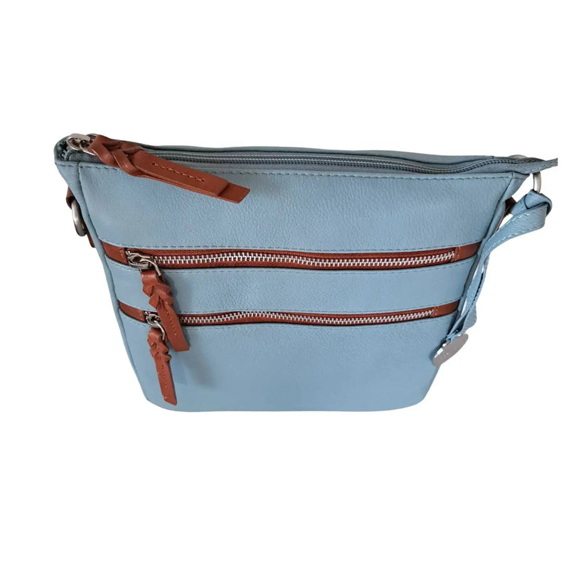 Style Playa i smukt lyseblåt læder med brune detalje. Skøn skulder- og crossbodytaske med flotte kontraster Octopus Denmark