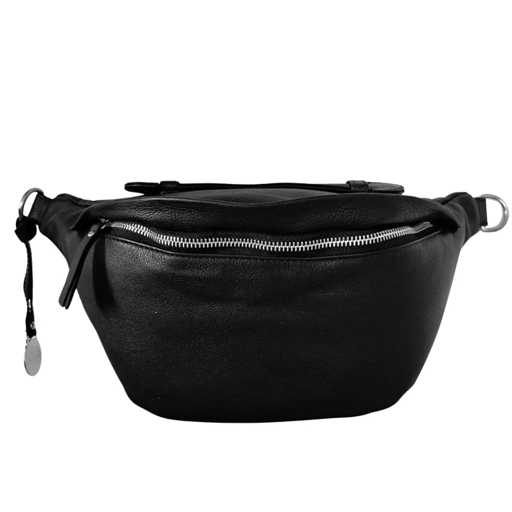 BEMÆRK: Kollektionsprøve. Style Portugal i sort kvalitetslæder. Stor og rummelig bumbag med plads til det meste inkl. vandflasken