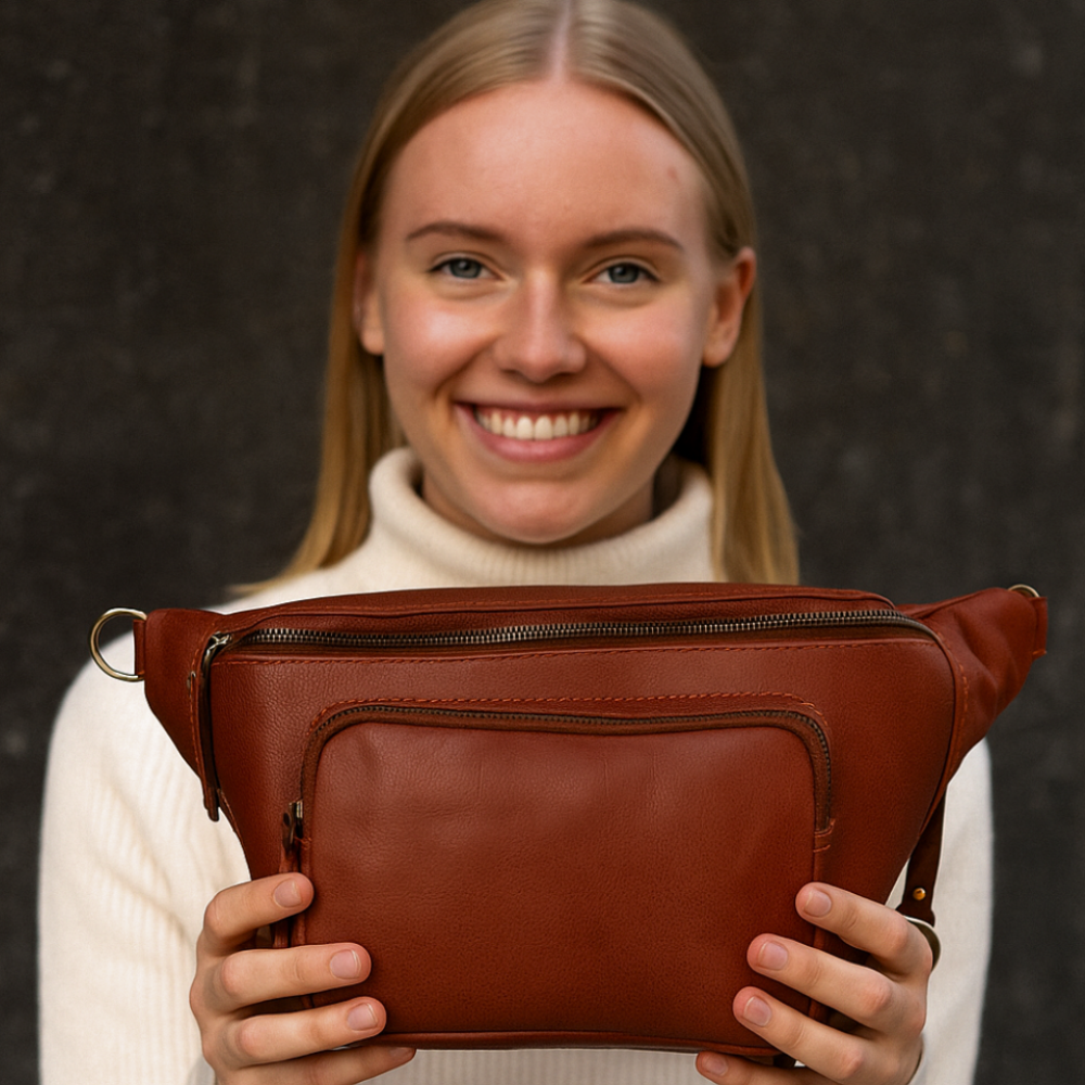  Style Paris i mørkebrun. Flot unisex bumbag i kraftigt vintagelæder m. stort hovedrum og frontlomme