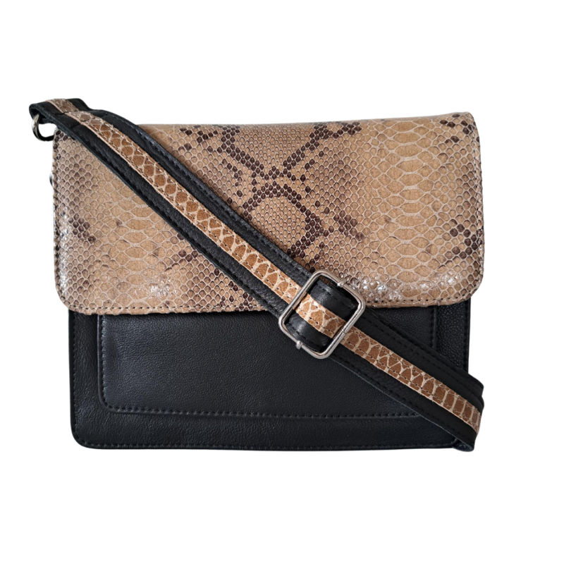  Style Qian i sort læder m. slangemønster i brun/beige på fronten. Smuk crossbody/skuldertaske/clutch (Copy)