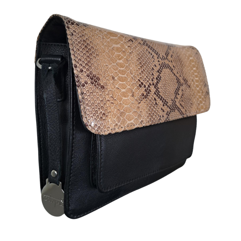  Style Qian i sort læder m. slangemønster i brun/beige på fronten. Smuk crossbody/skuldertaske/clutch (Copy)