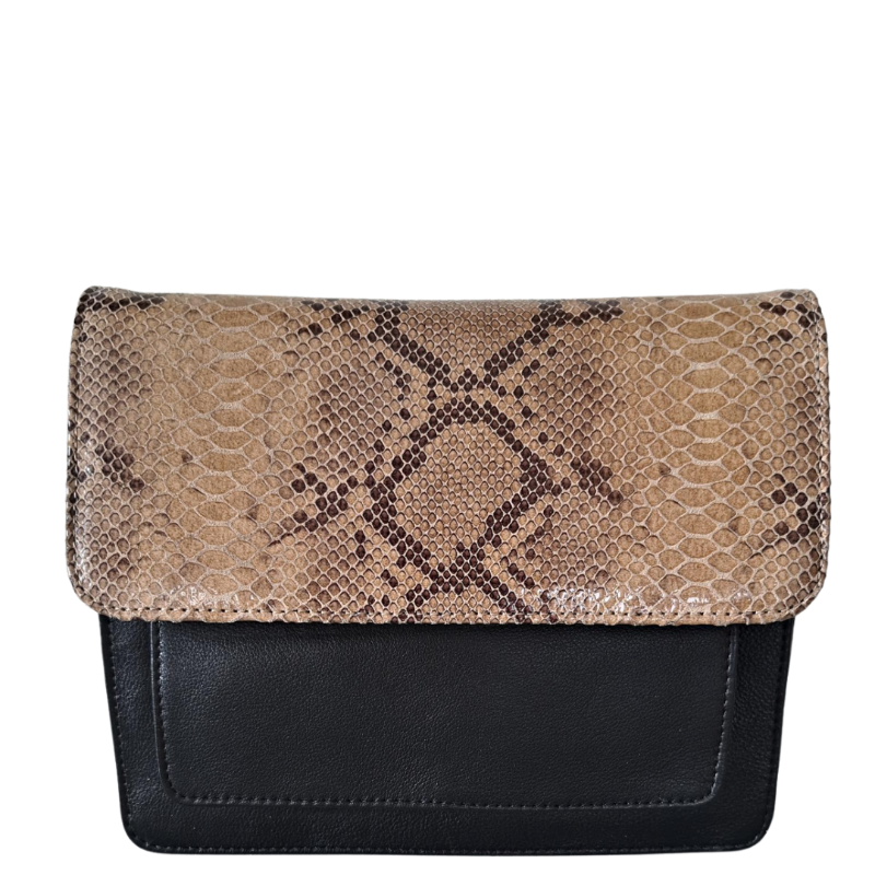  Style Qian i sort læder m. slangemønster i brun/beige på fronten. Smuk crossbody/skuldertaske/clutch (Copy)