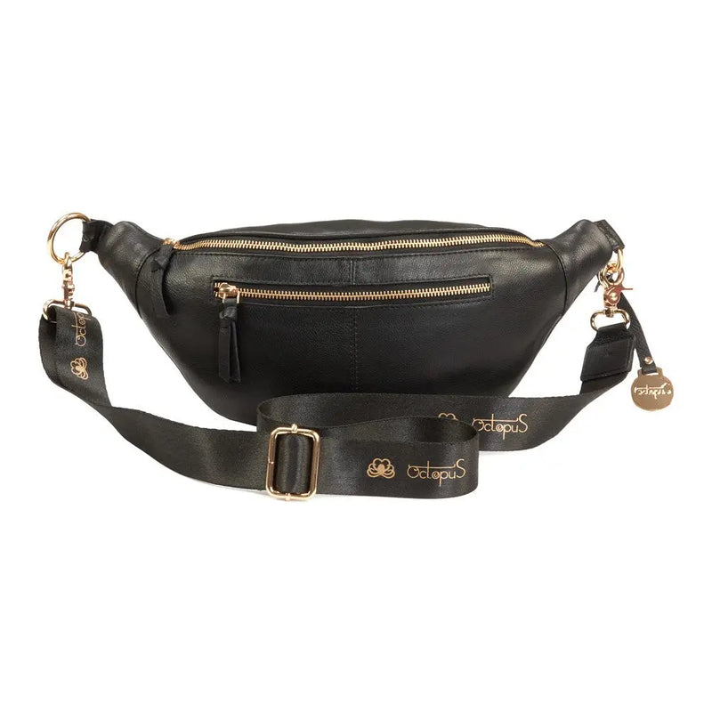 Style Naxos: Eksklusiv bumbag taske i smukt sort læder med fantastisk flotte lynlåse og ringe i guld Octopus Denmark