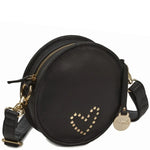 Style Opal i sort. Unik slingbag lædertaske til skulder- eller crossbody. 100% rund taske med hjerte i guldnitter. Octopus Denmark