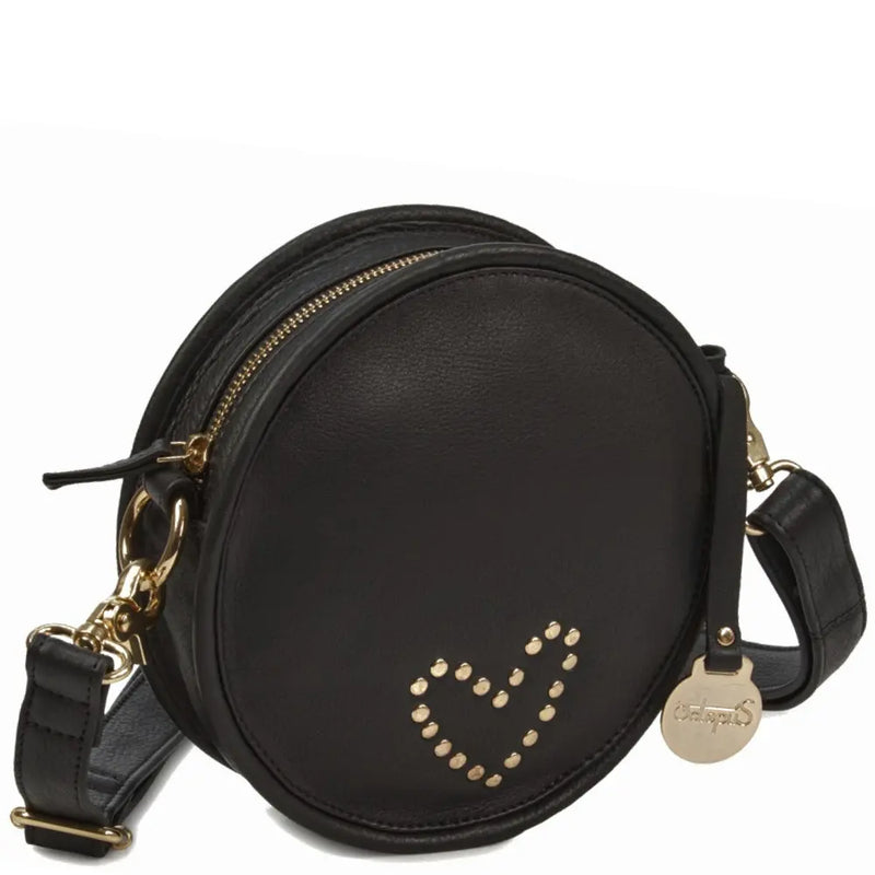 Style Opal i sort. Unik slingbag lædertaske til skulder- eller crossbody. 100% rund taske med hjerte i guldnitter. Octopus Denmark
