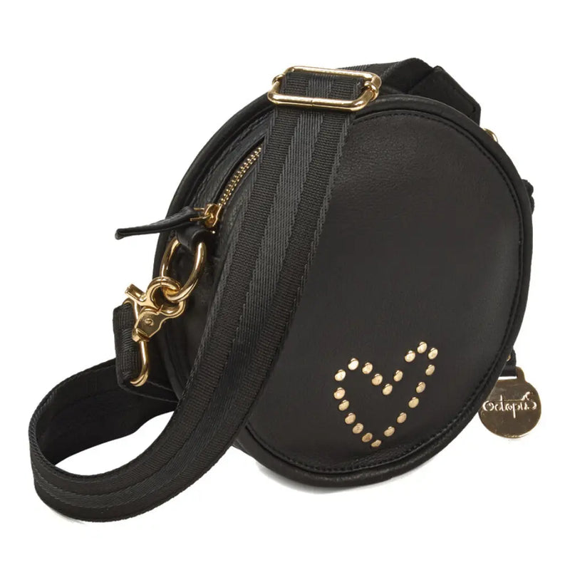 Style Opal i sort. Unik slingbag lædertaske til skulder- eller crossbody. 100% rund taske med hjerte i guldnitter. Octopus Denmark