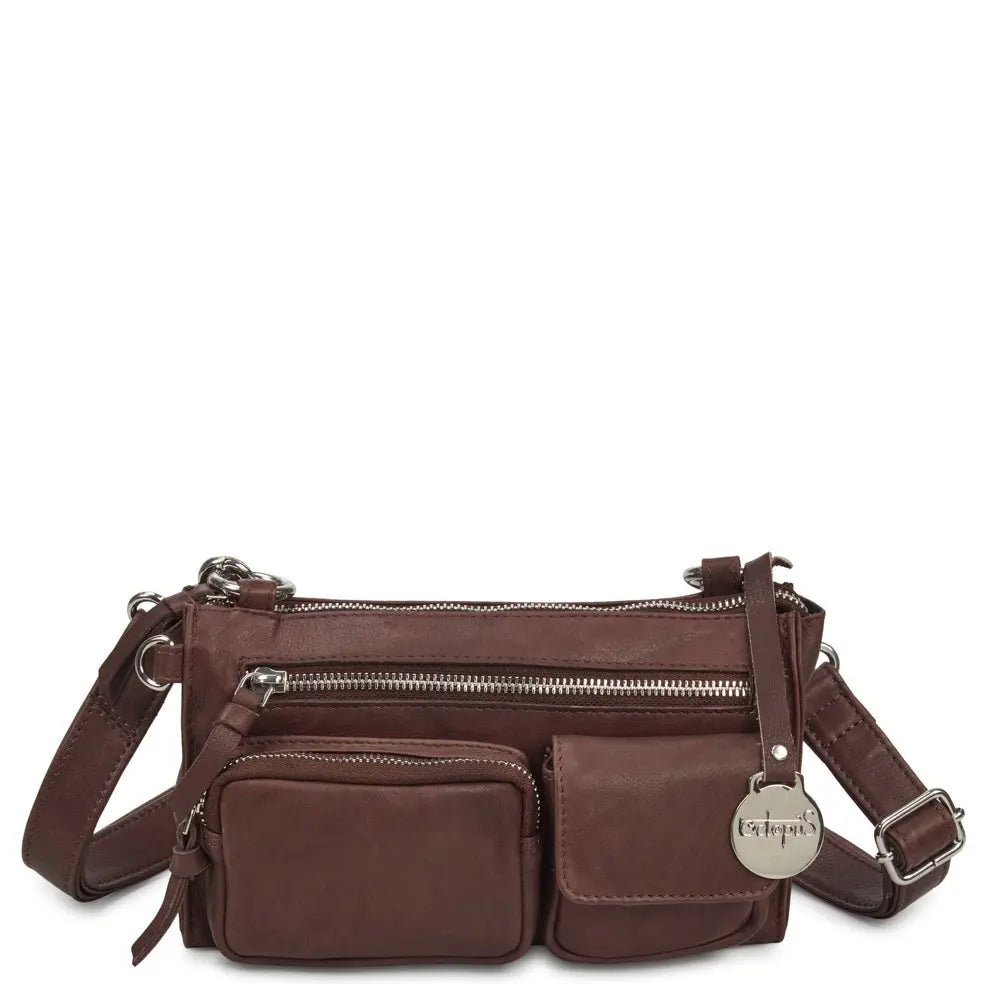  Style Ottawa i brunt læder. Skøn mindre kombineret clutch, skulder- og crossbodytaske med seks rum og lommer.