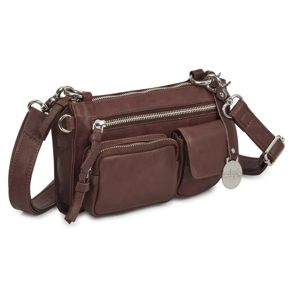  Style Ottawa i brunt læder. Skøn mindre kombineret clutch, skulder- og crossbodytaske med seks rum og lommer.