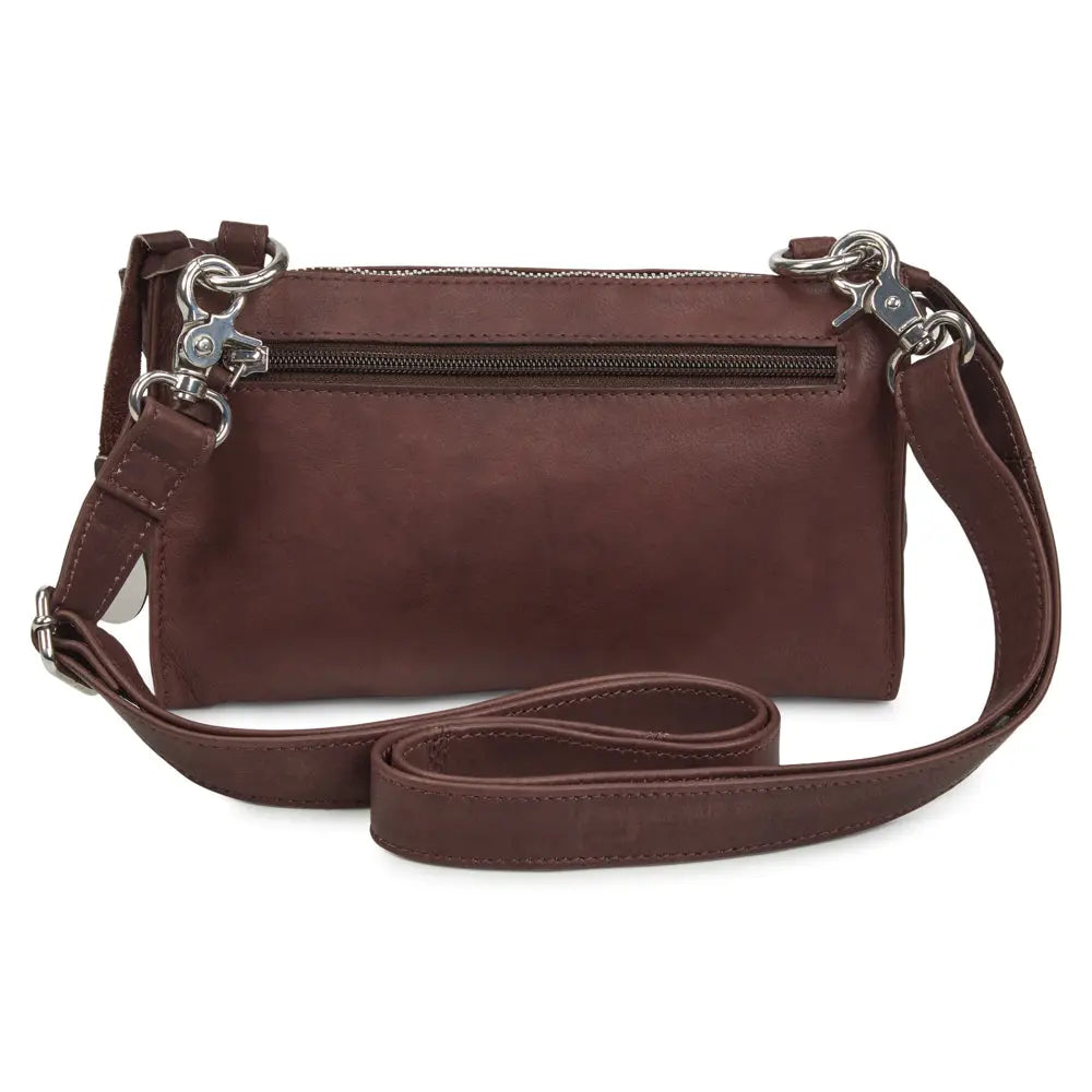  Style Ottawa i brunt læder. Skøn mindre kombineret clutch, skulder- og crossbodytaske med seks rum og lommer.