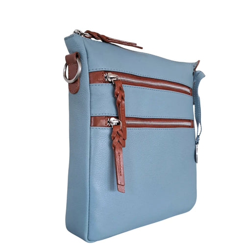 Style Playa i smukt lyseblåt læder med brune detalje. Skøn skulder- og crossbodytaske med flotte kontraster Octopus Denmark