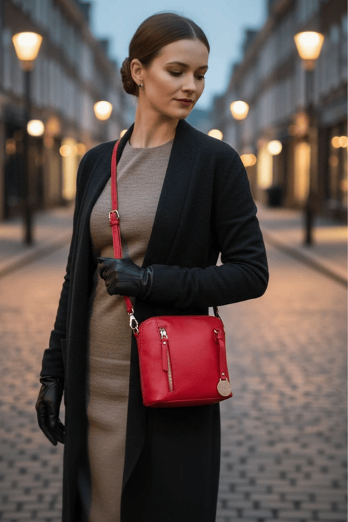 BEMÆRK: Kollektionsprøve. Style Panda i flot rødt læder. Det perfekte valg til hverdag og fest finder du i denne  mindre feminine skuldertaske Octopus Denmark