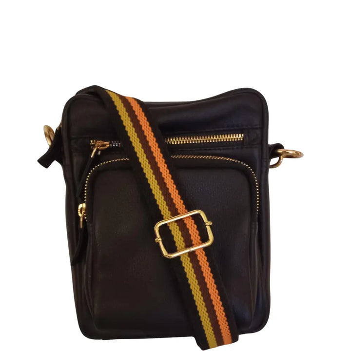 'W47-G. Justerbar skulderrem til tasker m. lynlåse / ringe i guld. Materiale: Vævet bomuld. Farve: sort, orange, gul Octopus Denmark