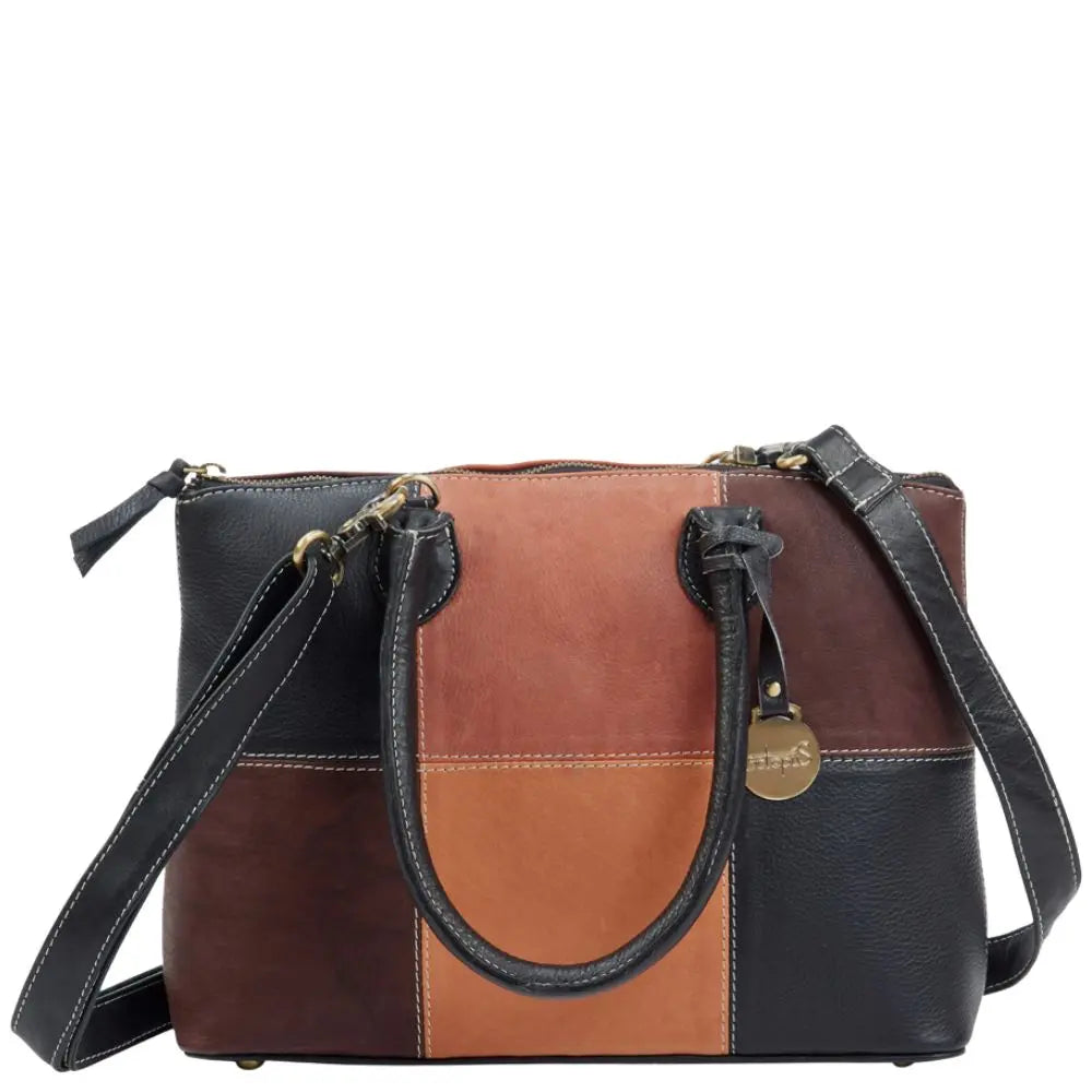  Style Nauru (kun få stk. på lager). Flot lædertaske i sort/brun/mørkebrun/cognac. Stor, elegant og klassisk håndtaske. Skulderrem medfølger